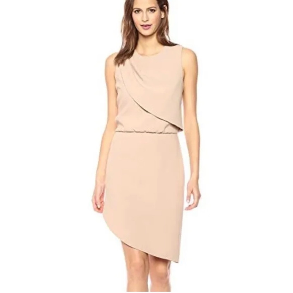 Halston Heritage Camel Drape Front Asymmetrical Hem Dress Sleeveless Size 4 - Picture 2 of 16